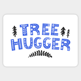 "Tree Hugger" in blue folk art letters with cutouts Sticker